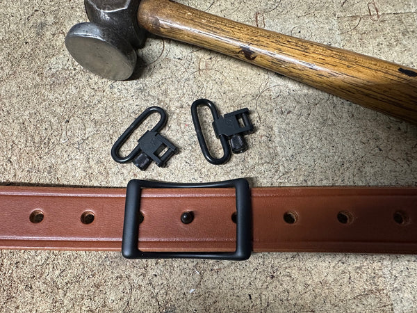 Mocha brown 1.25" Rhodesian Slings with swivels and black Duracoated buckles